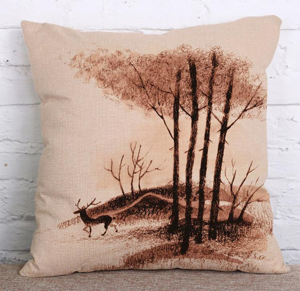 Cushion Cover SET Cotton Linen Throw Pillow, Ink Painted Trees - LiYiFabrics