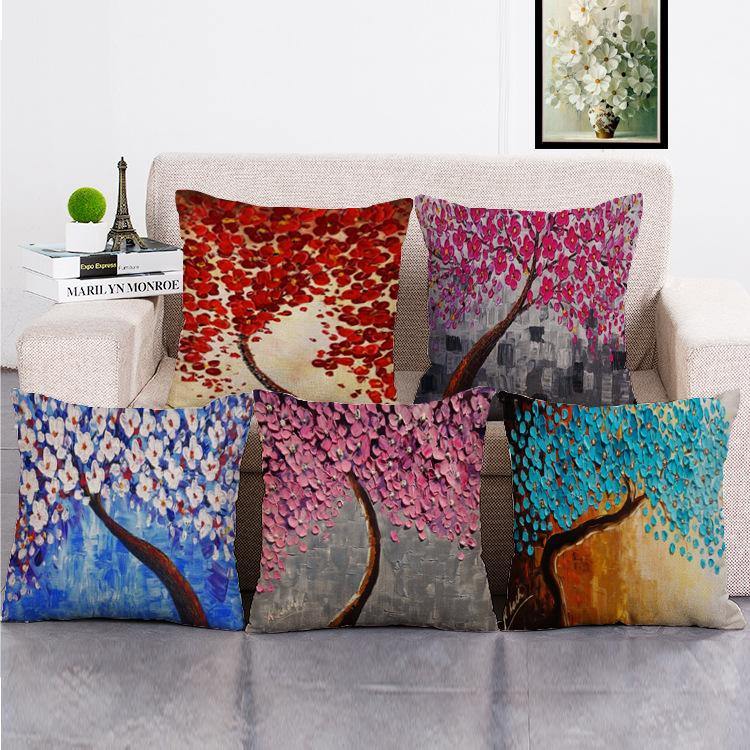 Cushion Cover SET Cotton Linen Throw Pillow, Flower Trees - LiYiFabrics