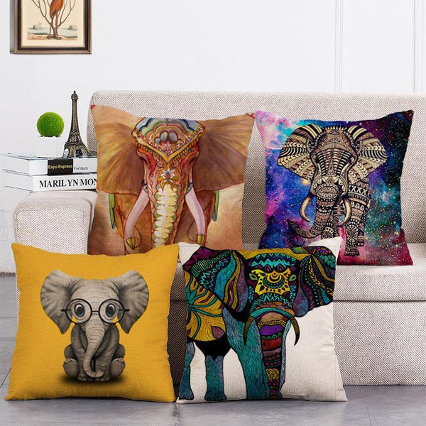 Cushion Cover SET Cotton Linen Throw Pillow,Elephonts painted - LiYiFabrics