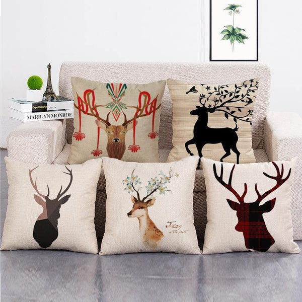 Cushion Cover SET Cotton Linen Throw Pillow, Painted Deers - LiYiFabrics