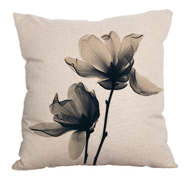 Cushion Cover SET Cotton Linen Throw Pillow, Ink Lotus style - LiYiFabrics