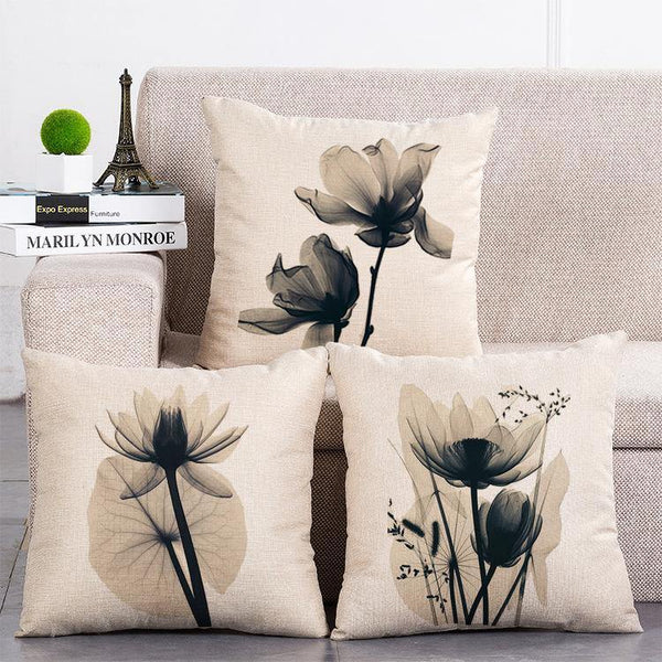 Cushion Cover SET Cotton Linen Throw Pillow, Ink Lotus style - LiYiFabrics
