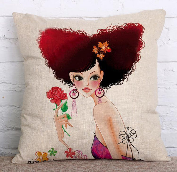 Cushion Cover SET Cotton Linen Throw Pillow, Pretty Girl - LiYiFabrics