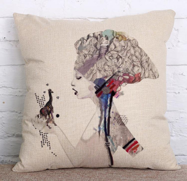 Cushion Cover SET Cotton Linen Throw Pillow, Pretty Girl - LiYiFabrics