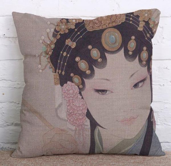 Cushion Cover SET Cotton Linen Throw Pillow,Peking Opera Girl - LiYiFabrics