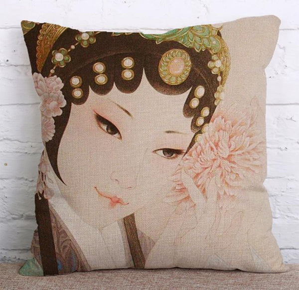 Cushion Cover SET Cotton Linen Throw Pillow,Peking Opera Girl - LiYiFabrics