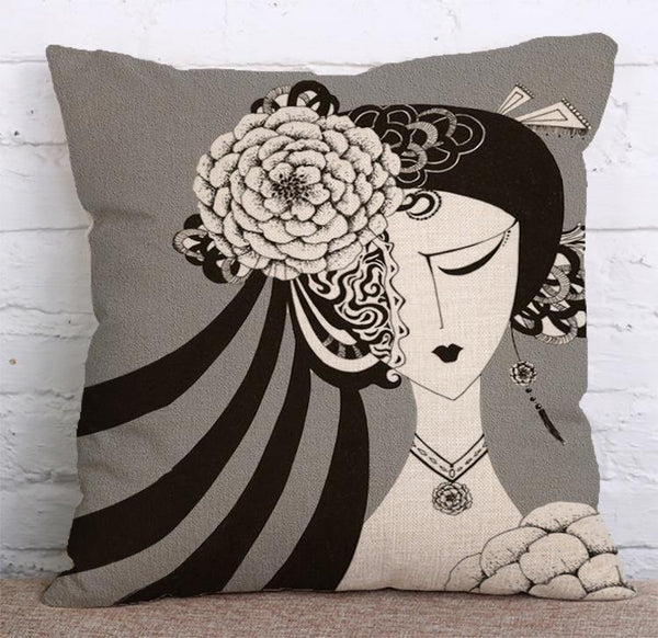 Cushion Cover SET Cotton Linen Throw Pillow,Peking Opera Girl - LiYiFabrics