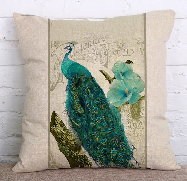 Cushion Cover SET Cotton Linen Throw Pillow, Peacocks - LiYiFabrics