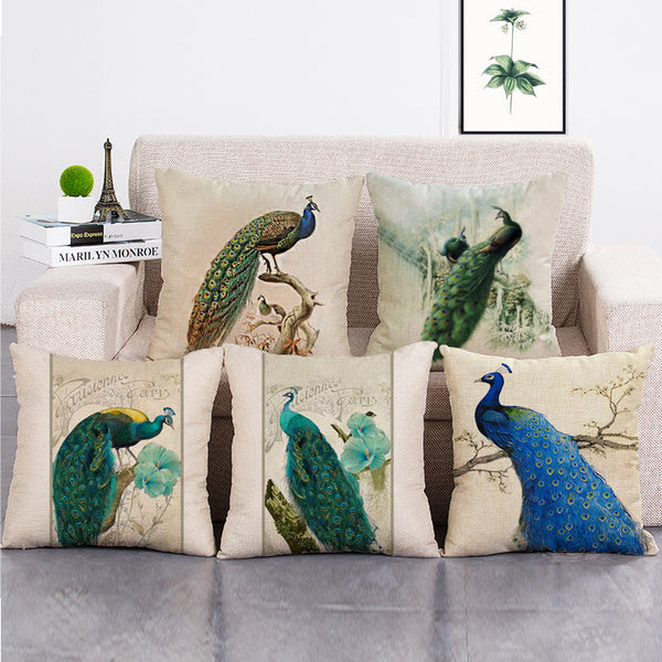 Cushion Cover SET Cotton Linen Throw Pillow, Peacocks - LiYiFabrics