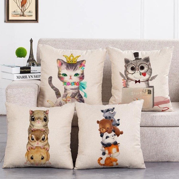 Cushion Cover SET Cotton Linen Throw Pillow, lovely cat design - LiYiFabrics