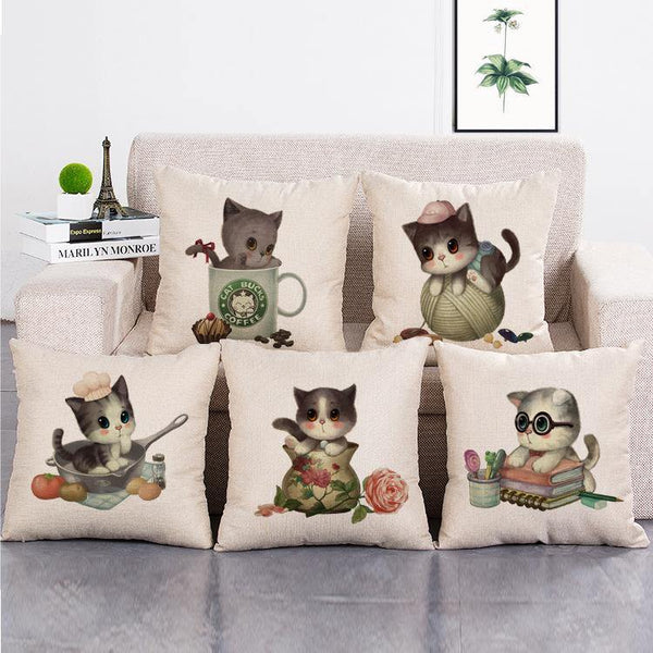 Cushion Cover SET Cotton Linen Throw Pillow, Cat design - LiYiFabrics