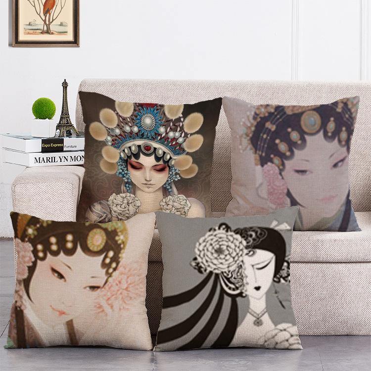 Cushion Cover SET Cotton Linen Throw Pillow,Peking Opera Girl - LiYiFabrics