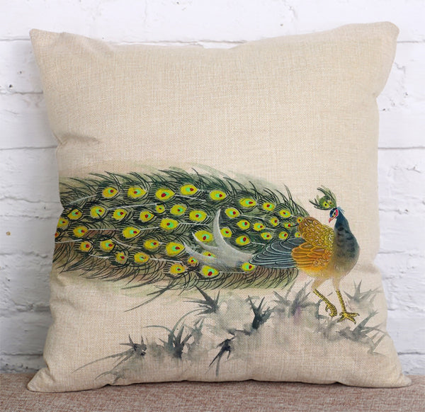Cushion Cover SET Cotton Linen Throw Pillow,Peacocks - LiYiFabrics