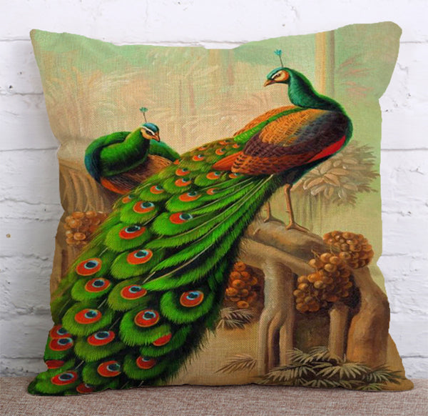 Cushion Cover SET Cotton Linen Throw Pillow,Peacocks - LiYiFabrics