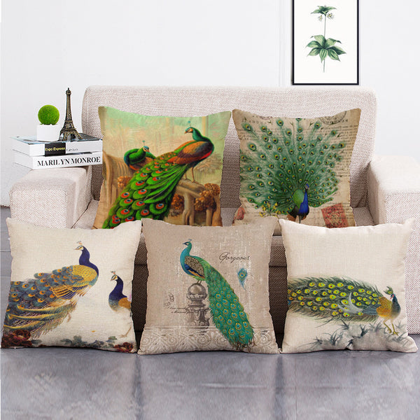 Cushion Cover SET Cotton Linen Throw Pillow,Peacocks - LiYiFabrics