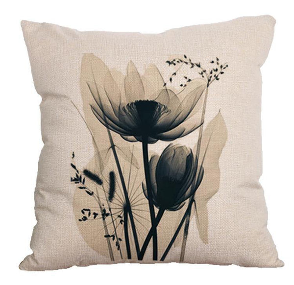 Cushion Cover SET Cotton Linen Throw Pillow, Ink Lotus style - LiYiFabrics