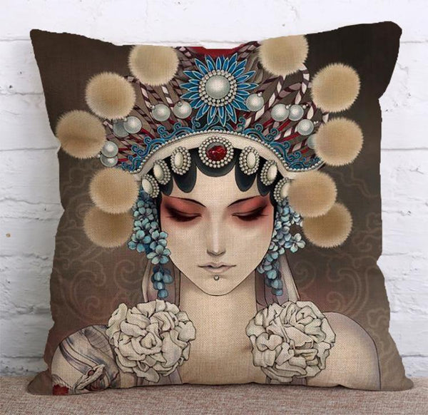 Cushion Cover SET Cotton Linen Throw Pillow,Peking Opera Girl - LiYiFabrics