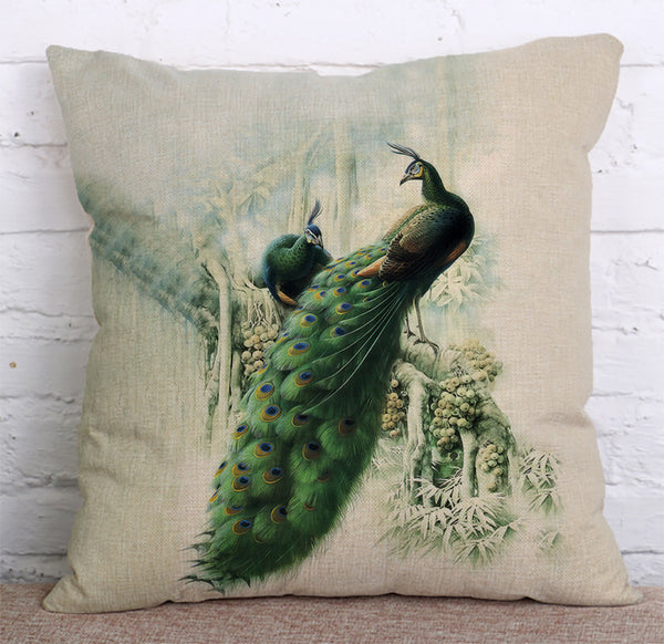 Cushion Cover SET Cotton Linen Throw Pillow, Peacocks - LiYiFabrics