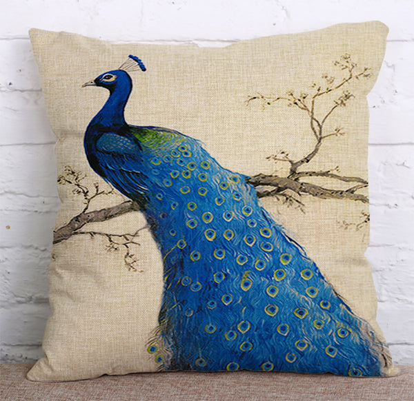 Cushion Cover SET Cotton Linen Throw Pillow, Peacocks - LiYiFabrics