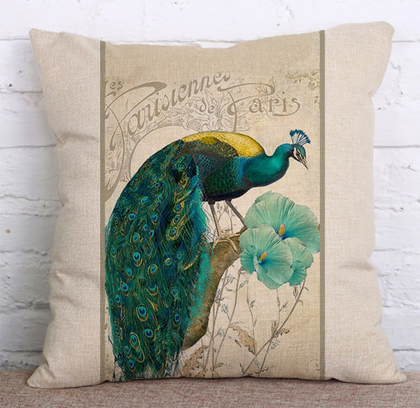 Cushion Cover SET Cotton Linen Throw Pillow, Peacocks - LiYiFabrics
