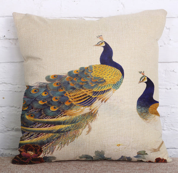 Cushion Cover SET Cotton Linen Throw Pillow,Peacocks - LiYiFabrics