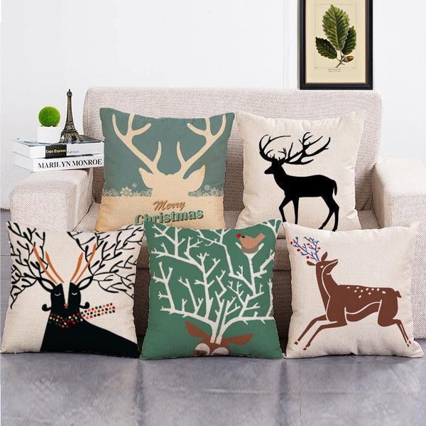 Cushion Cover SET Cotton Linen Throw Pillow, Painted Deers - LiYiFabrics
