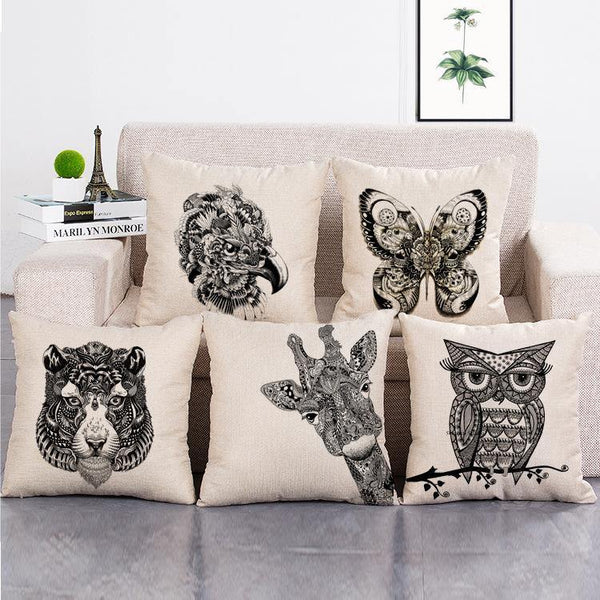 Cushion Cover SET Cotton Linen Throw Pillow, Painted Owls - LiYiFabrics