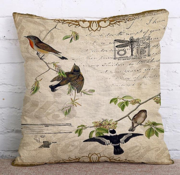 Cushion Cover SET Cotton Linen Throw Pillow, Bird design - LiYiFabrics