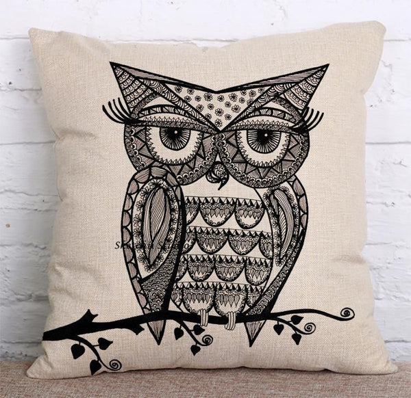 Cushion Cover SET Cotton Linen Throw Pillow, Painted Owls - LiYiFabrics