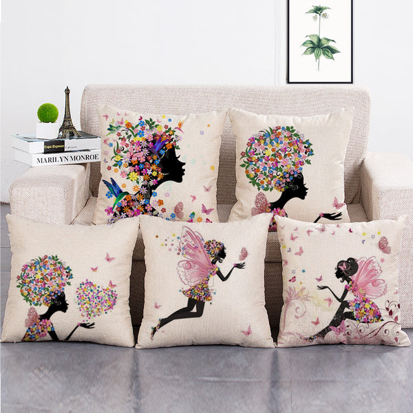 Cushion Cover SET Cotton Linen Throw Pillow,Flower Faery - LiYiFabrics
