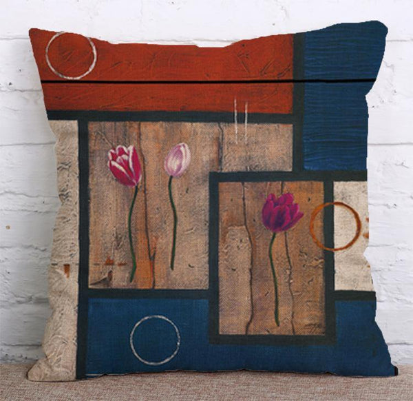 Cushion Cover SET Cotton Linen Throw Pillow,Painted Flowers design - LiYiFabrics