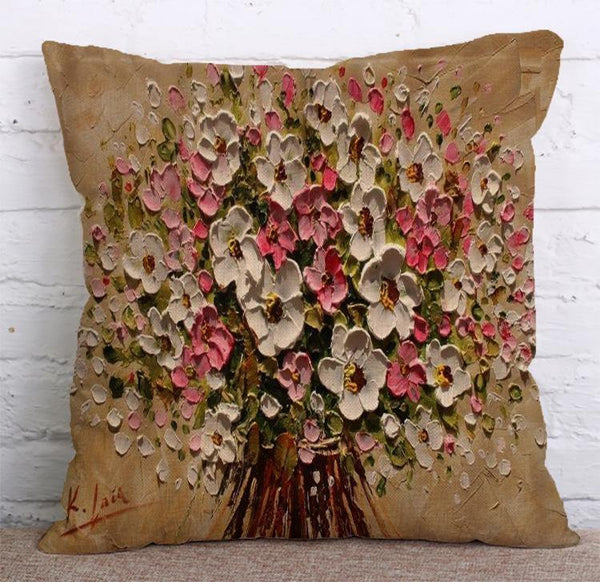 Cushion Cover SET Cotton Linen Throw Pillow,Oil Painted Flowers - LiYiFabrics