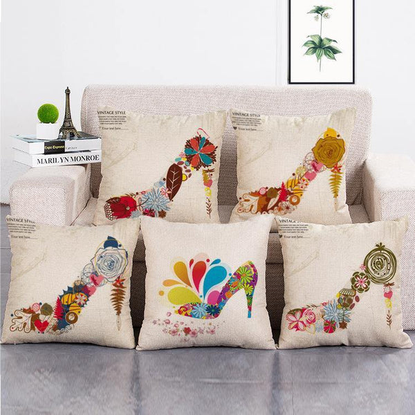 Cushion Cover SET Cotton Linen Throw Pillow, High-Heeled Shoes Painting - LiYiFabrics