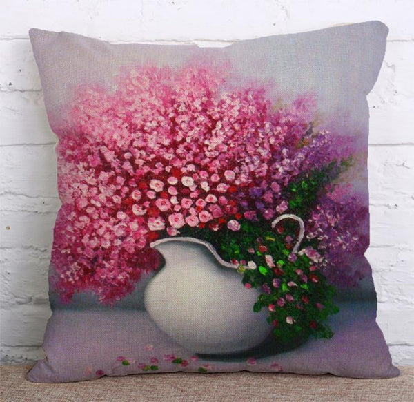 Cushion Cover SET Cotton Linen Throw Pillow,Oil Painted Flowers - LiYiFabrics