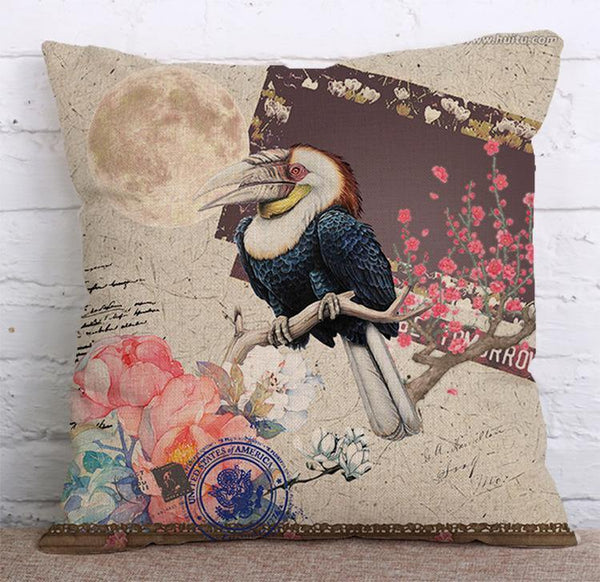 Cushion Cover SET Cotton Linen Throw Pillow, Bird design - LiYiFabrics