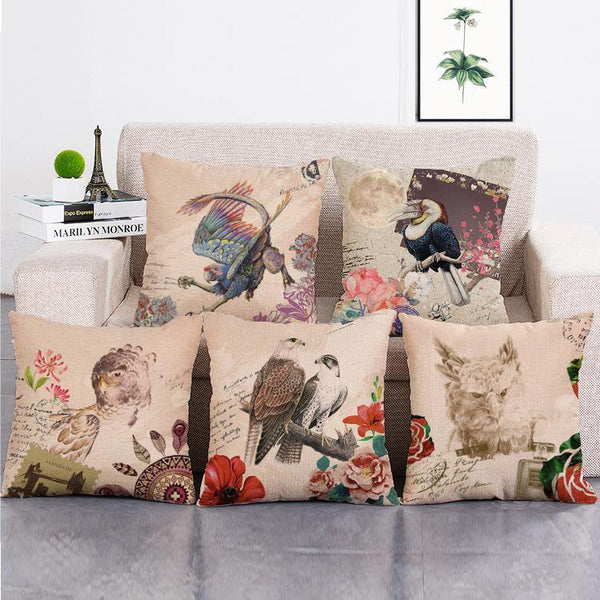 Cushion Cover SET Cotton Linen Throw Pillow, Bird design - LiYiFabrics
