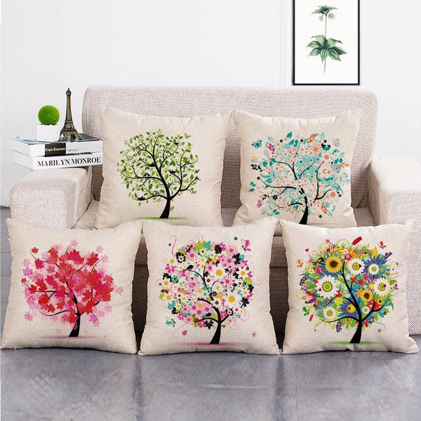 Cushion Cover SET Cotton Linen Throw Pillow, Flower Trees - LiYiFabrics