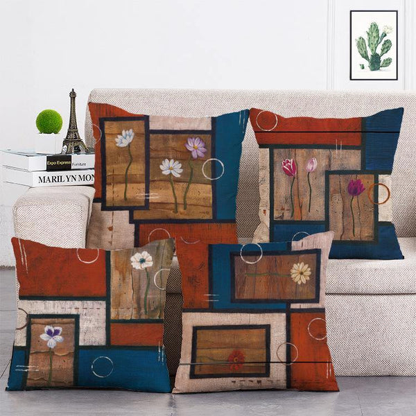 Cushion Cover SET Cotton Linen Throw Pillow,Painted Flowers design - LiYiFabrics