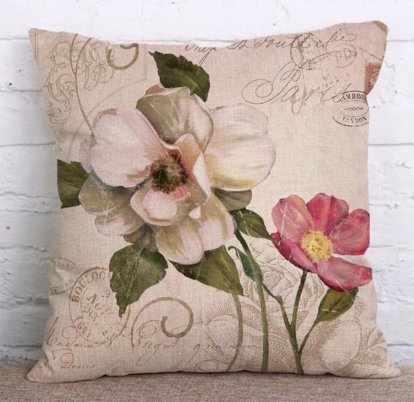 Cushion Cover SET Cotton Linen Throw Pillow, Painted Flowers - LiYiFabrics