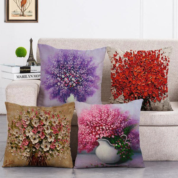 Cushion Cover SET Cotton Linen Throw Pillow,Oil Painted Flowers - LiYiFabrics