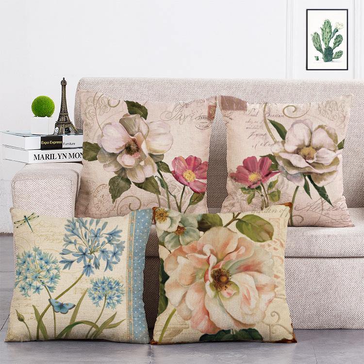 Cushion Cover SET Cotton Linen Throw Pillow, Painted Flowers - LiYiFabrics