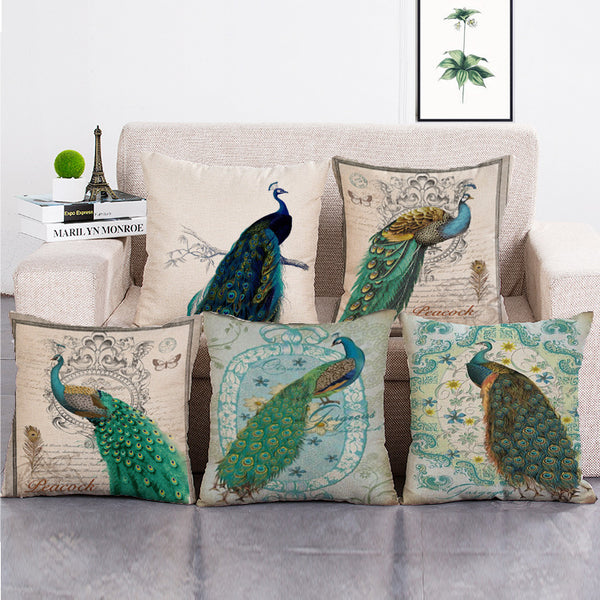 Cushion Cover SET Cotton Linen Throw Pillow, Peacocks - LiYiFabrics