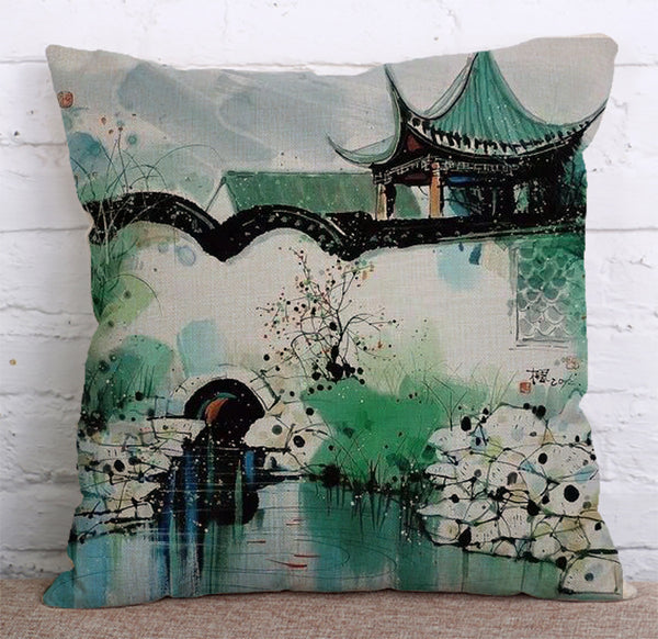 Cushion Cover SET Cotton Linen Throw Pillow,Ink&Wash Painting - LiYiFabrics