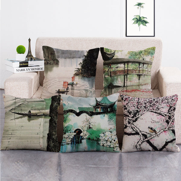 Cushion Cover SET Cotton Linen Throw Pillow,Ink&Wash Painting - LiYiFabrics