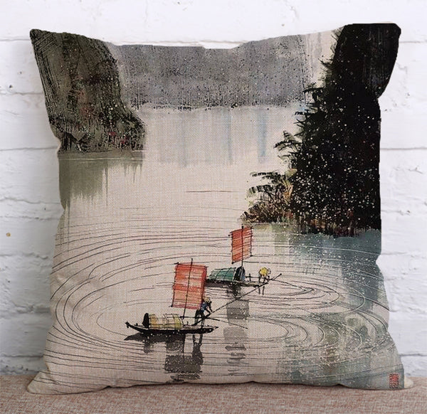 Cushion Cover SET Cotton Linen Throw Pillow,Ink&Wash Painting - LiYiFabrics