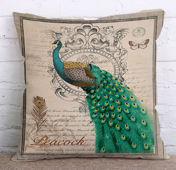 Cushion Cover SET Cotton Linen Throw Pillow, Peacocks - LiYiFabrics