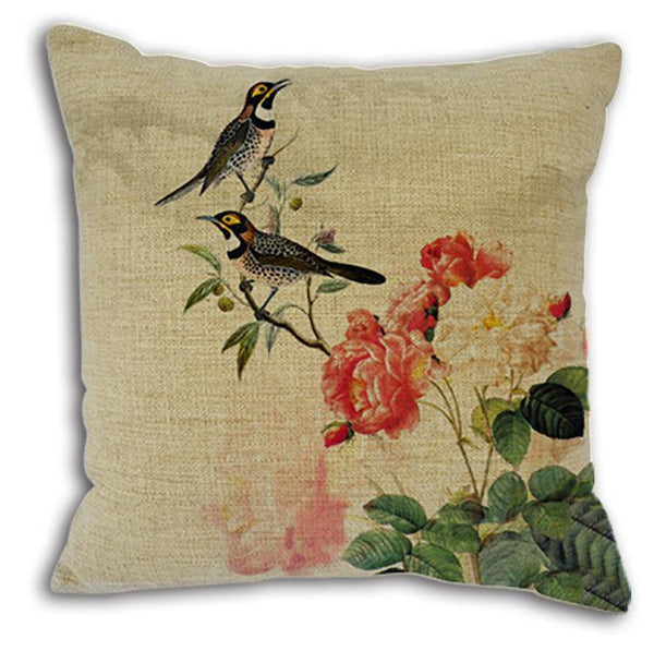 Cushion Cover SET Cotton Linen Throw Pillow, Chinese Flowers&Birds Painting - LiYiFabrics