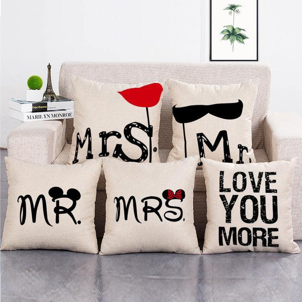 Cushion Cover SET Cotton Linen Throw Pillow, Mr.&Mrs - LiYiFabrics