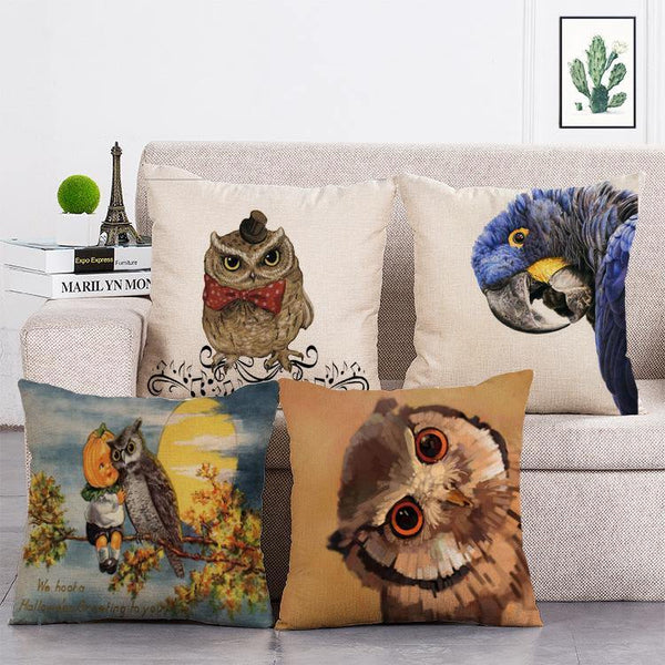 Cushion Cover SET Cotton Linen Throw Pillow, Owl Style - LiYiFabrics