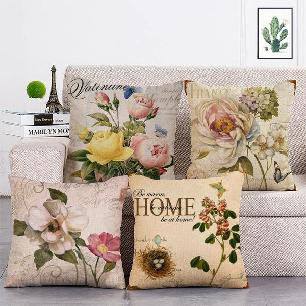 Cushion Cover SET Cotton Linen Throw Pillow, Flowers - LiYiFabrics